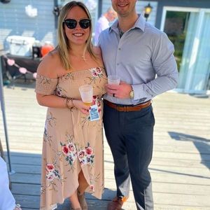 Floral tan high low a line off shoulder elastic s crunchy dress